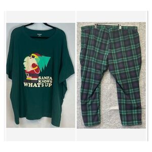 OLD NAVY Men's Christmas Pajama Set 4X Santa Green Plaid T-Shirt & Fleece Pants